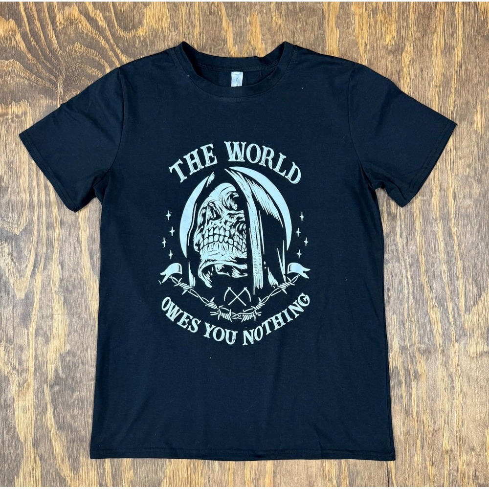 The World Owes You Nothing Grim Reaper Skull T Shirt Large Black Goth Alt